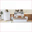 Ensemble de mobilier de chambre à coucher Grand lit de style campagne rétro blanc neige + 2 tables de chevet gris clair + commode avec rangement et amp; USB pour chambres de style naturel | Lits pour bibliothèque | Multicolore
