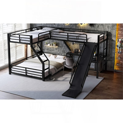Lit superposé simple au-dessus de grand lit en forme de L avec lit mezzanine simple, lit superposé triple en métal avec glissière et ports USB, conception peu encombrante et silencieuse, noir