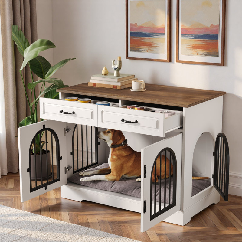 Meuble pour chien avec 2 tiroirs de rangement, portes latérales et verrous de sécurité robustes