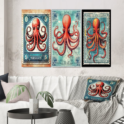 " Retro Stamp Portrait Of Red Octopus " 3 - Pieces