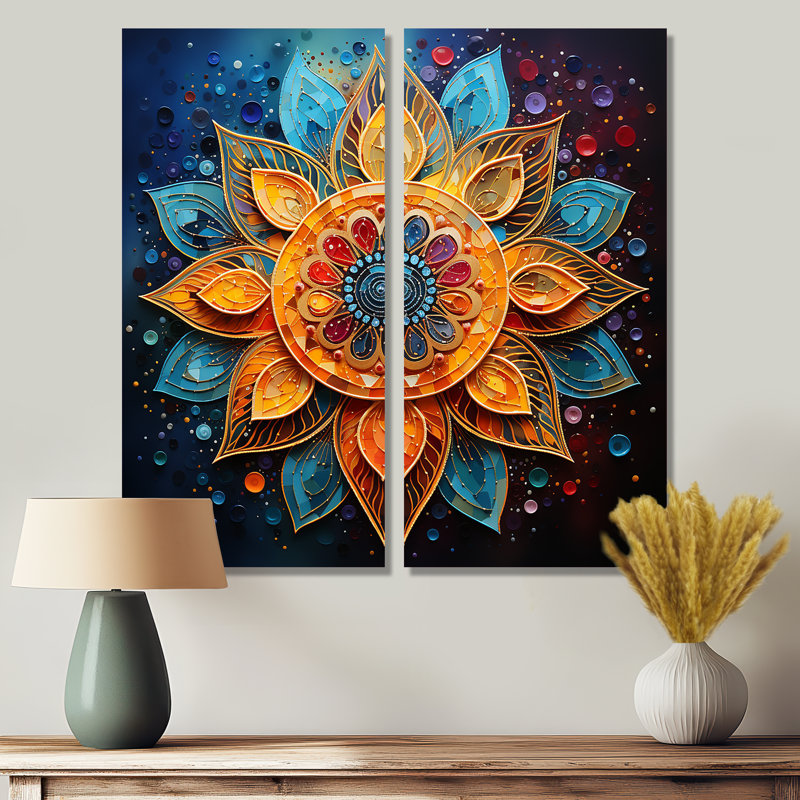 Or bleu sarcelle mandala yoga pointillisme - grandes impressions sur toile, H 32 po x l 32 po, Wrapped Canvas
