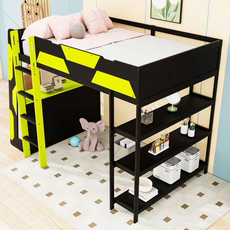 Full Wood Loft Bed with Desk, LED Light, Charging Ports and Shelves, Black/Green