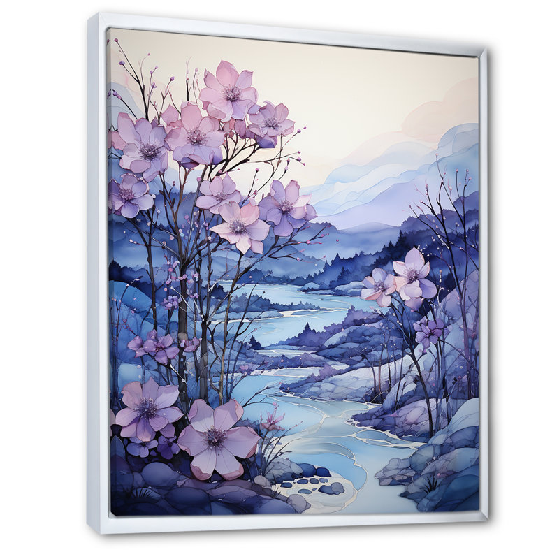«Frosty Blue River Landscape I», reproduction sur toile, Cadre flottant blanc, H 32 po x l 16 po