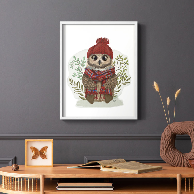 «Owl in Tartan Scarf», reproduction encadrée - bois massif, Blanc, H 20 po x l 16 po