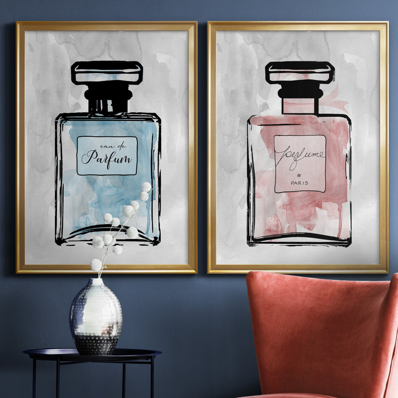 «Blue Wash Perfume», ensemble de 2 reproductions d'art, Pas de tapis, Toile encadrée dorée, H 22,5 po x l 61 po x P 1,5 po