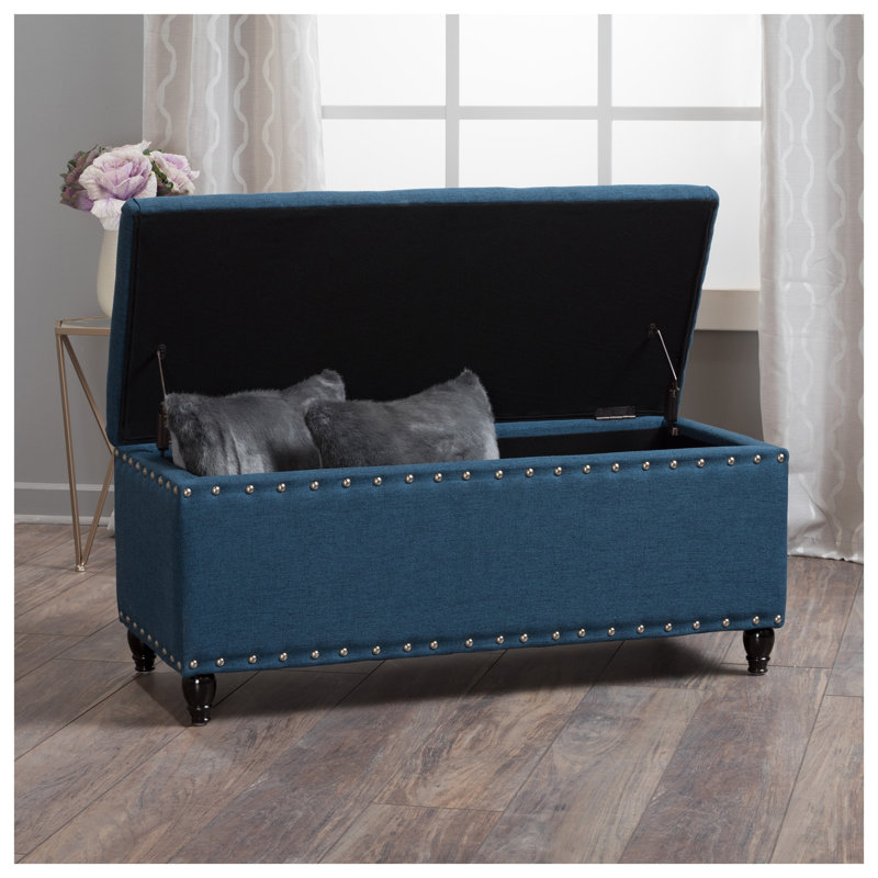Banc repose-pieds en tissu bleu marine avec pieds en bouleau, repose-pieds rectangulaire de 42 po