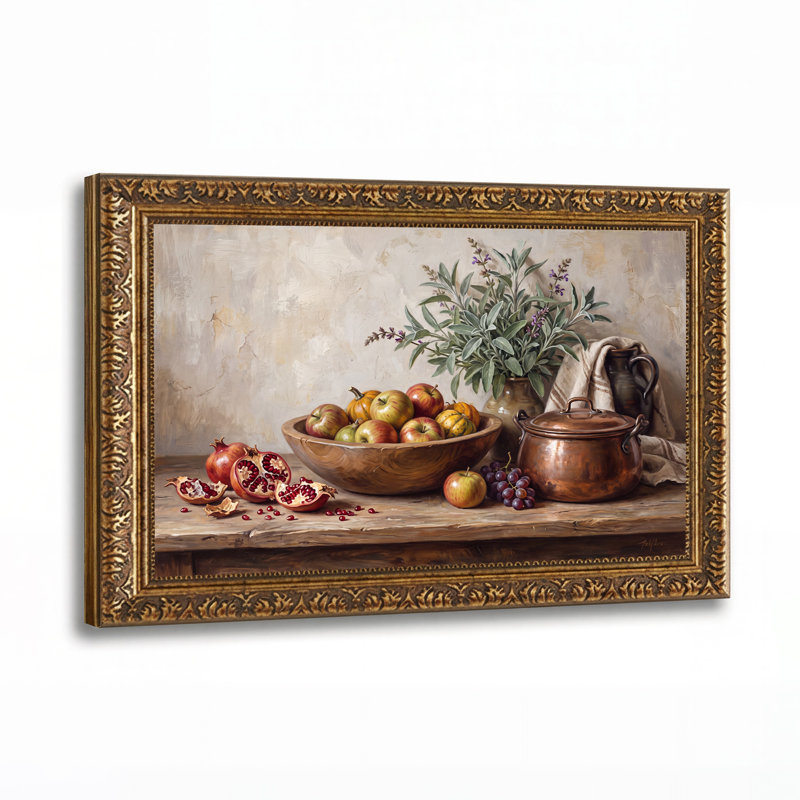 Tableau sur toile représentant des pommes rouges et des grenades dans un bol en bois avec un pot en cuivre, H 20 po x l 30 po