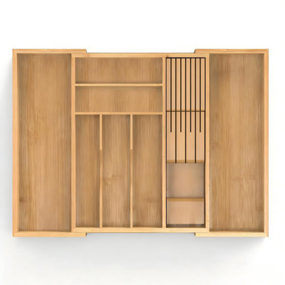 Bamboo Kitchen Drawer Organizer, Expandable Silverware Organizer With Removable Knife Block, 6-8 Slots-2.36" Deep For Extra Capacity, Natural