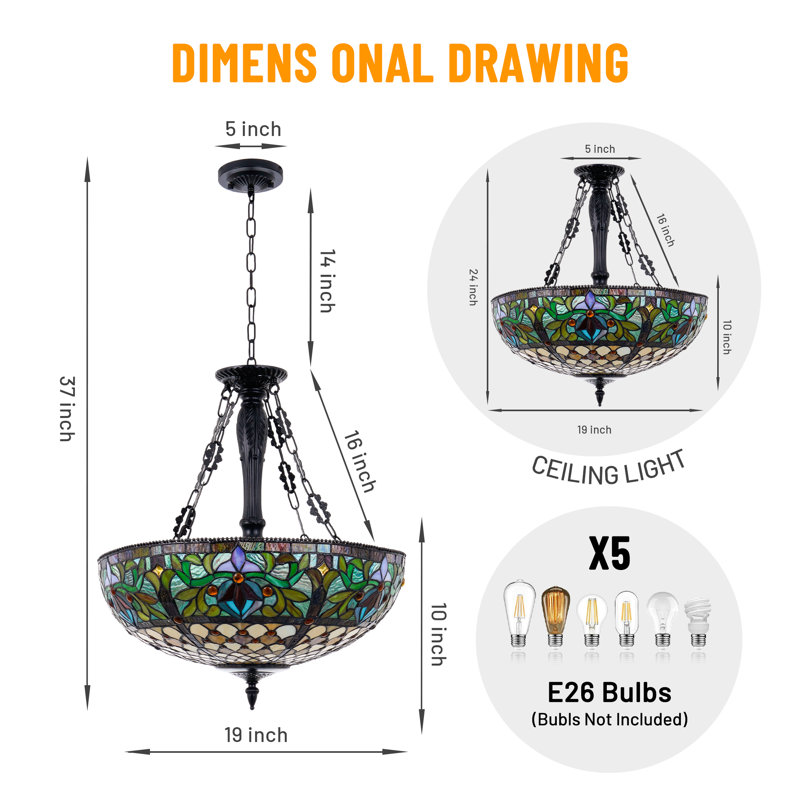 5-Light 19" Tiffany Style Stained Glass Chandelier