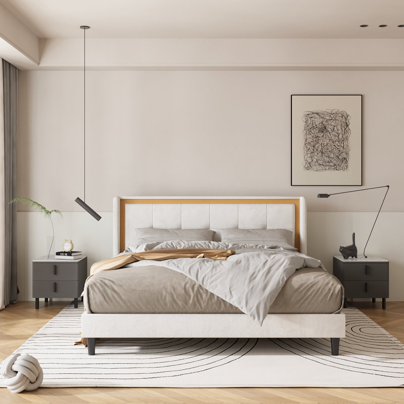 Lit à panneau tapissier Keedra, Beige, Très grand