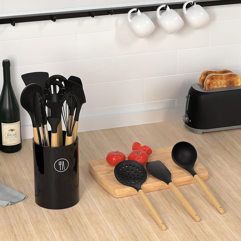 14 PCS Silicone Cooking Utensil Set, Wooden Handle Kitchen Utensils Set, Non-Stick,Heat Resistant, BPA Free