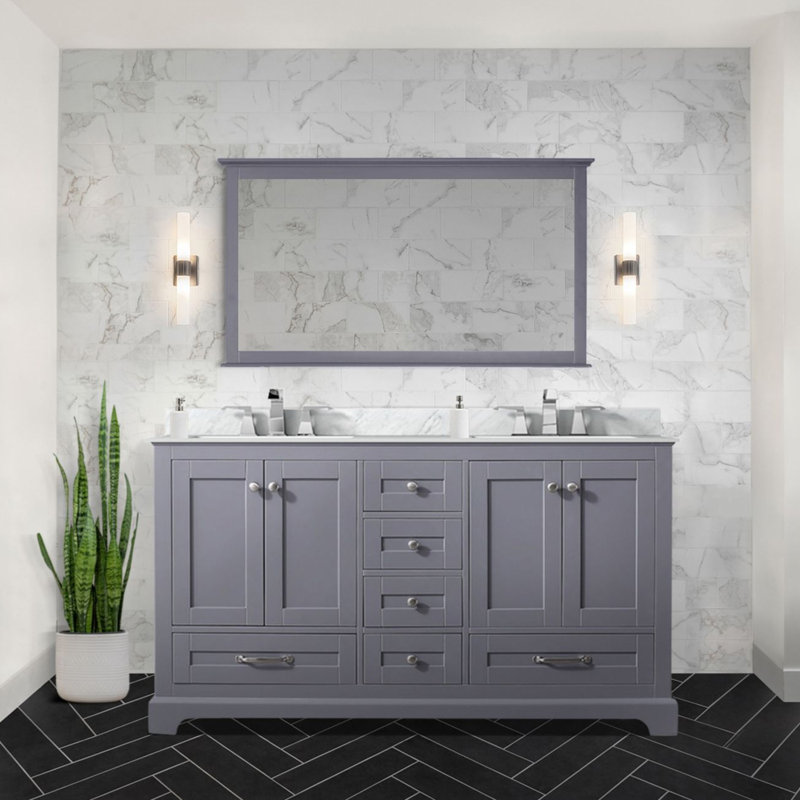 60 po X P 22 po D Meuble-lavabo double avec comptoir en marbre de Carrare et robinet, Gris foncé
