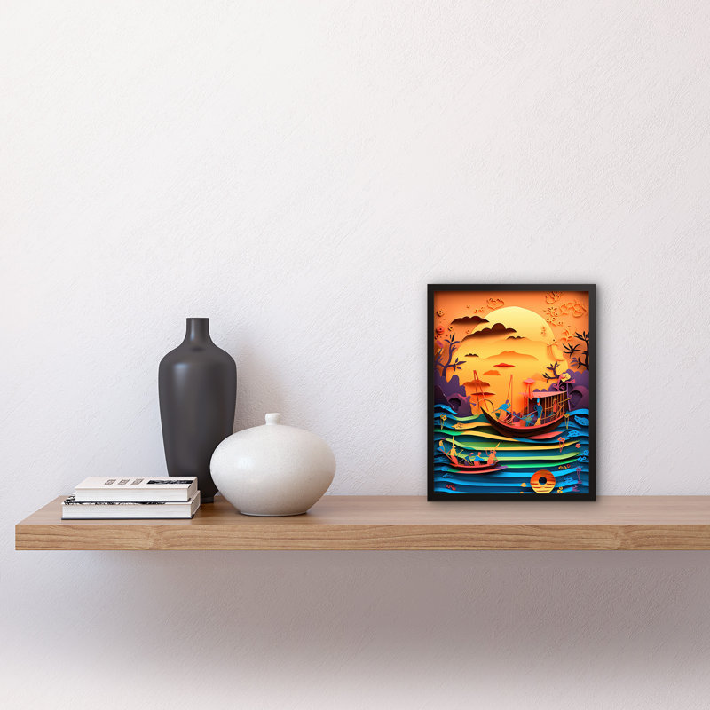 Multi-Dimensional Kirigami Fishing Boats At Sunset - Single Picture Frame Print