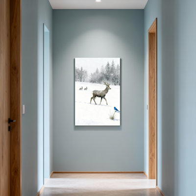 Animaux, hiver, cerf, lapin, oiseau, neige, paysage