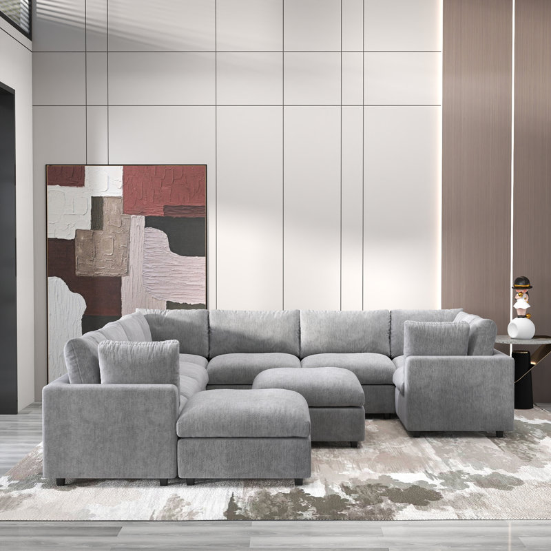 Kessi 10-Piece Upholstered Modern Chenille Fabric Modular Sectional Sofa With Ottoman, Light Gray Chenille