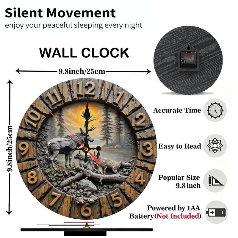10" Round MDF Wall Clock with Silent Quartz Movement and No-Drill Hanging Hook