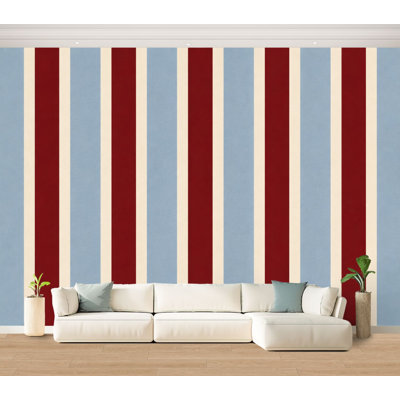 Wall Mural Peel and Stick Wallpaper Vintage Vertical Red Blue Cream Striped Design Self-Adhesive Removable Contact Paper Wall Decor for Living Room Bedroom 100"H x 144"W
