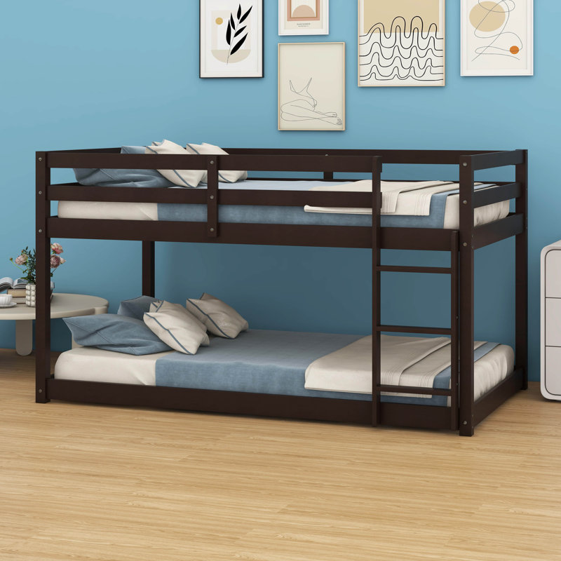 Twin Over Twin Solid Rubber Wood Floor Bunk Bed – Ladder & Strengthened Slat Upper/Bottom Platforms, Espresso
