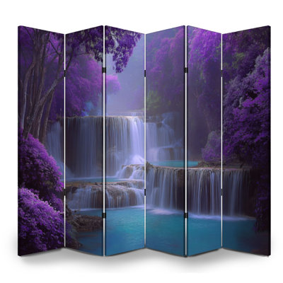 Cloison pliante à 6 panneaux avec cascade pourpre et arbres mauves, paysage, chutes d'eau, toile, séparateur de pièce, cloison de protection autoportante, cloison d'intimité