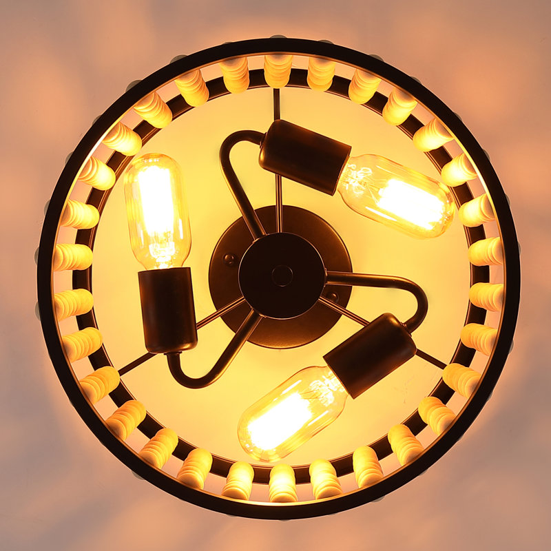Boho 3-light Wood Beaded Semi Flush Mount Ceiling Light Fixture, Black