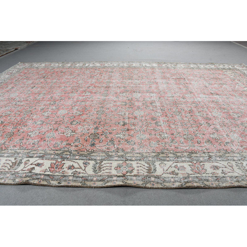 Grand tapis turc vintage en laine Oushak rouge et neutre pour la salle à manger