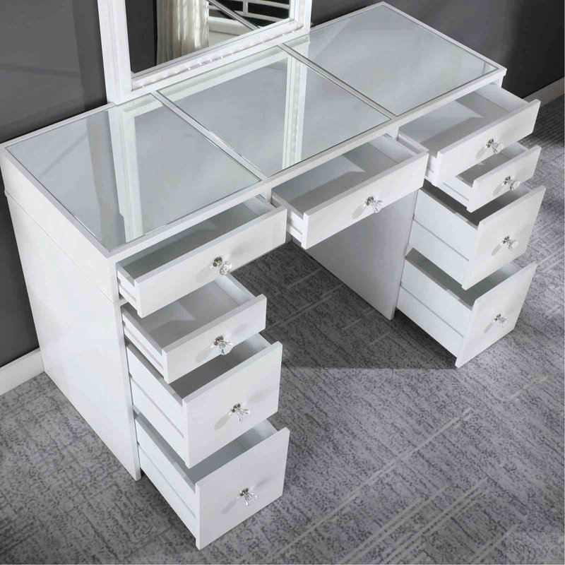 Contemporary Style 1Pc Vanity Set 3Mm Mirror LED Lights Storage Drawers Wooden Glides White Finish Stool Included Bedroom Furniture
