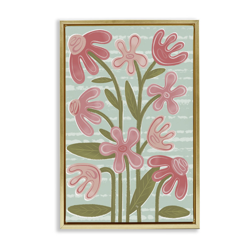 Cadre flottant rose avec fleurs Mid-Century, par Martina Pavlova, H 31 po x l 21 po, Cadre flottant métallique doré