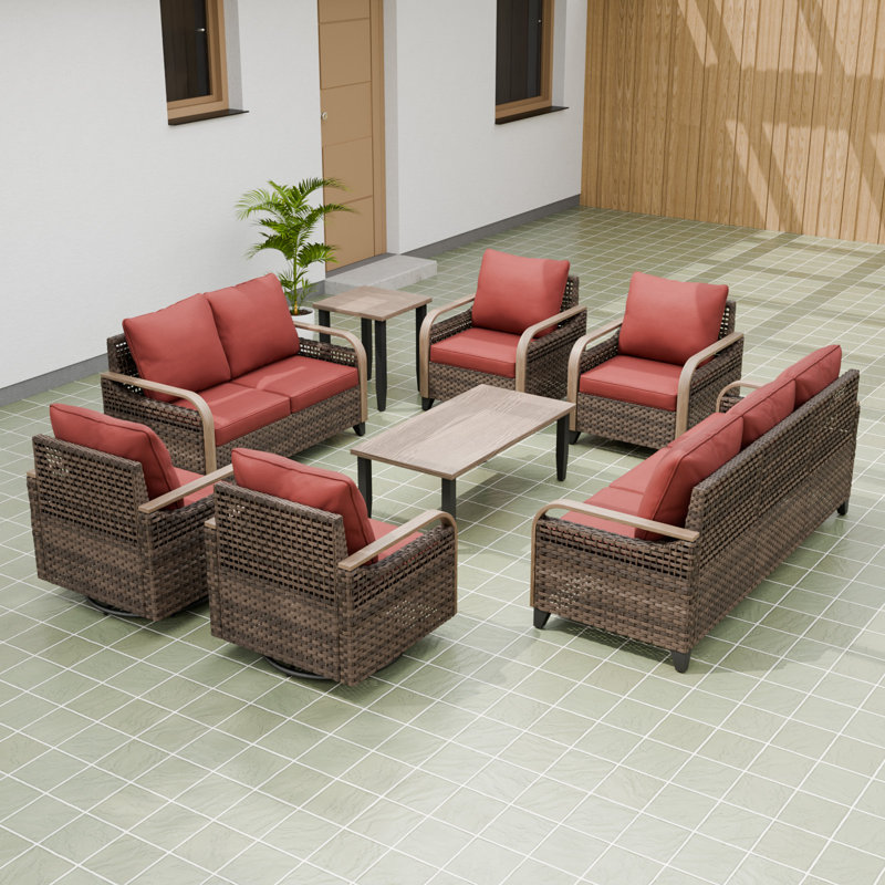 Ensemble de conversation de 8 pièces avec canapé et accoudoirs en osier brun pour terrasse, Rouge