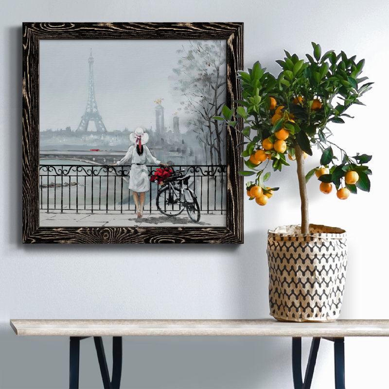 Lady In Paris - Single Picture Frame Painting on Canvas, Black Framed Canvas, 17" H x 17" W x 1" D