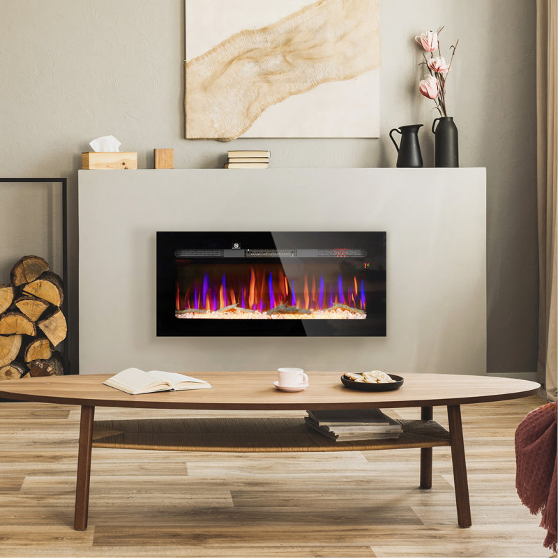 40" Electric Fireplace Recessed And Wall Mounted With Remote Control, 1500W Fireplace Heater With 8H Timer, Adjustable Flame Color And Brightness, Log And Crystal