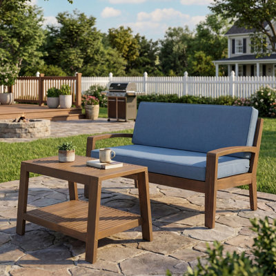 2-Piece Outdoor Gray Acacia Wood Conversation Set - Loveseat & Coffee Table With Blue Water-Resistant Cushions, 350Lbs Capacity For Patio, Deck & Backyard