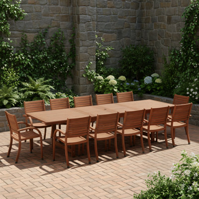 Whately 13-Piece Outdoor Rectangular Extendable Dining Table And Chairs Set | Eucalyptus Wood | Ideal For Patio
