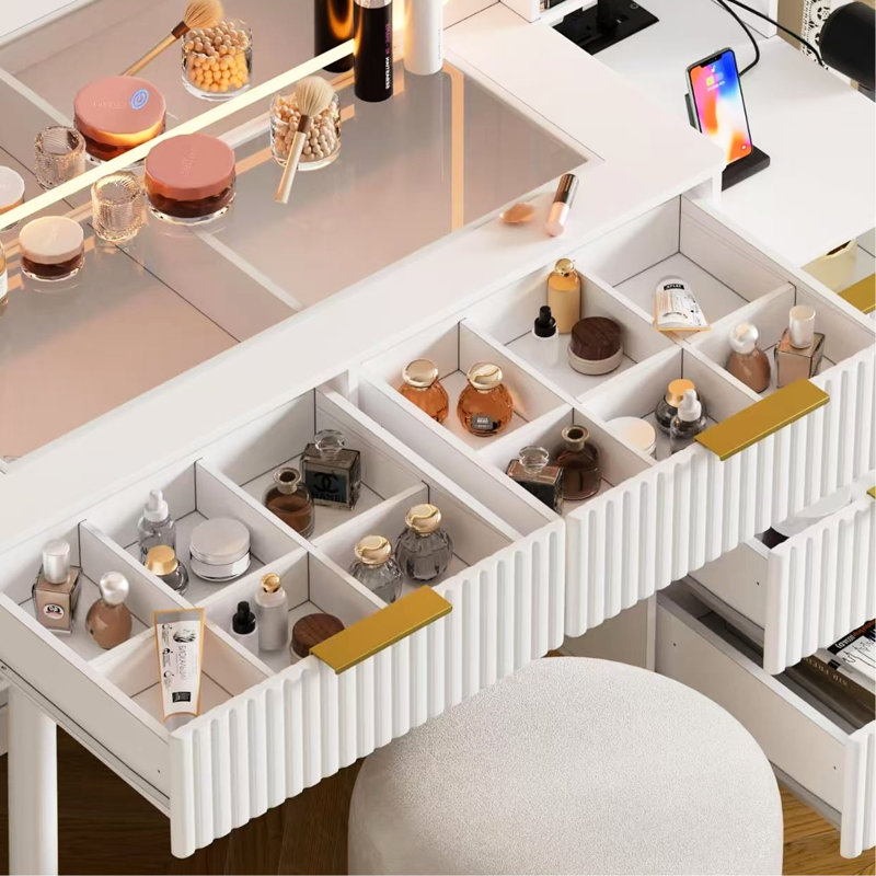 Coiffeuse de maquillage, fonction de luminosité réglable, plateau en verre, tiroirs, tabouret rembourré, coiffeuse blanche pour femme avec lumières, 11 et rangement ouvert - pour