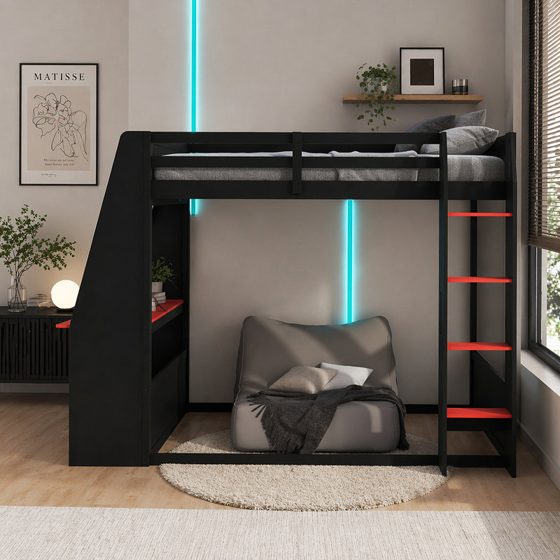 Lit superposé double en bois pleine grandeur avec bureau, deux tablettes de rangement, USB et lumière DEL, Black/Red