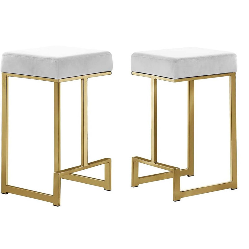 Ensemble de tabourets de bar modernes sans dossier avec assise en velours et structure en métal, Blanc