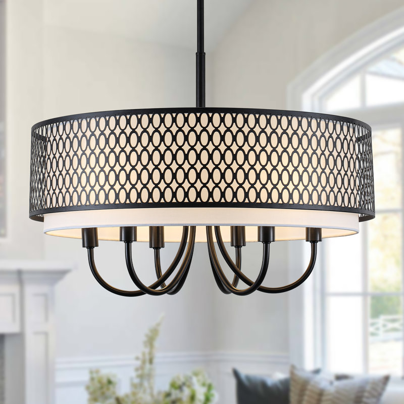 6 - Light 21.54“ Modern Metal Drum Chandelie With Geometric Cutout Shade For Kitchen Island/dining Room, Matte Black