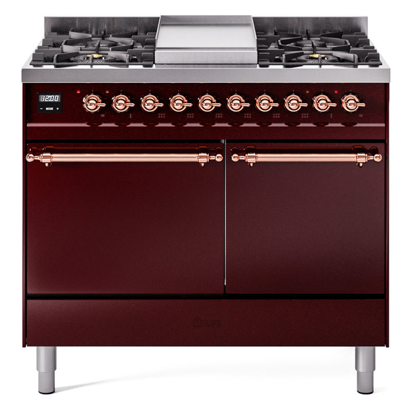 ILVE Nostalgie II Series 40 inch Dual Fuel Range with 6 Sealed Burners, Griddle (Solid Door), Liquid Propane, Burgundy/Copper