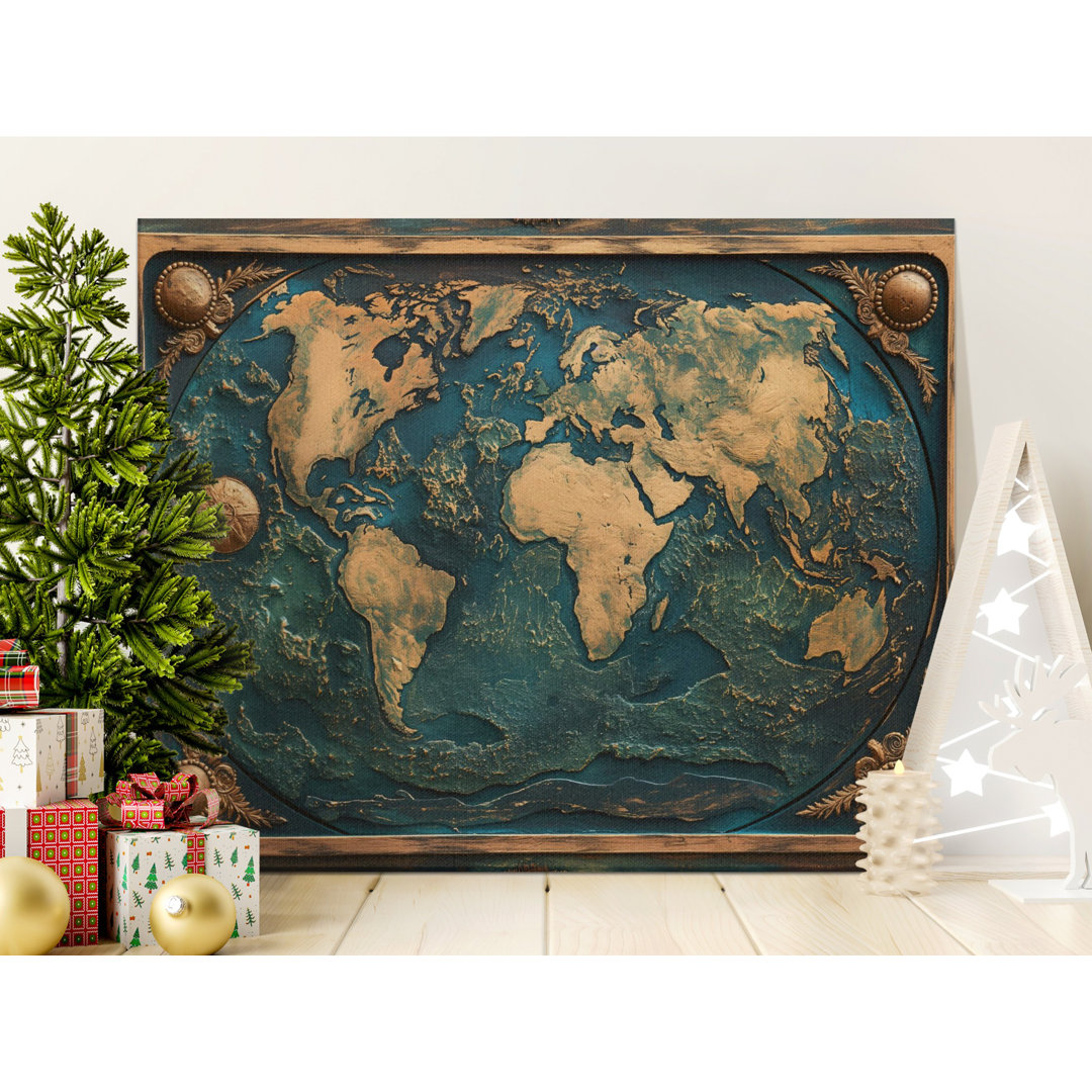 World Map Canvas Wall Art, Teal and Gold, Gallery Wrapped, Ready to Hang, Global Decor, Statement Piece