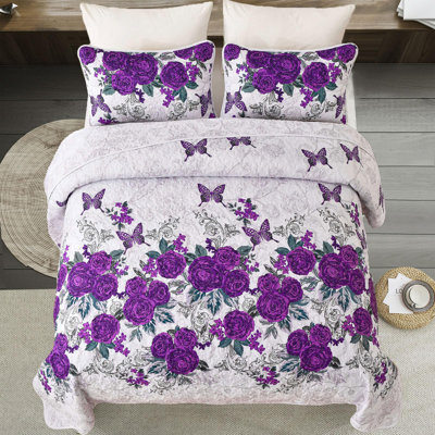 3-Piece Floral Botanical Quilt Set Lightweight Rose Printed Coverlet with Pillow Shams for All Seasons