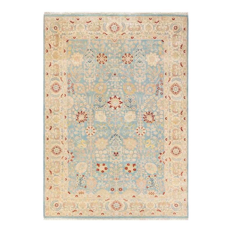Tapis unique en laine noué à la main 6 pi x 9 pi 3 po nouvel âge bleu clair / beige / rouge