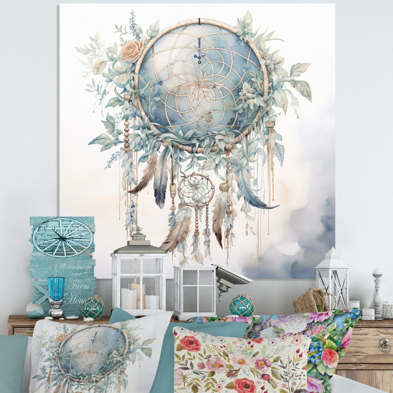 Attrape-rêves bleu sarcelle tissage éthéré - Paysages, décoration murale en métal, H 16 po x l 16 po x P 1 po