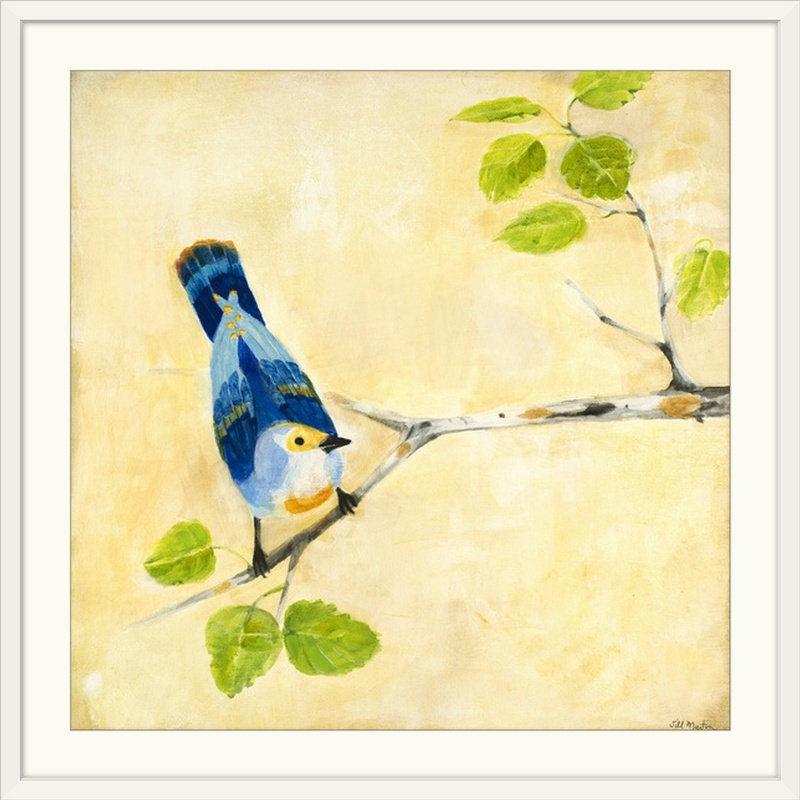 « oiseau song ii » par jill martin, reproduction d’art, H 32 po x l 32 po x P 1 po, Cadre blanc