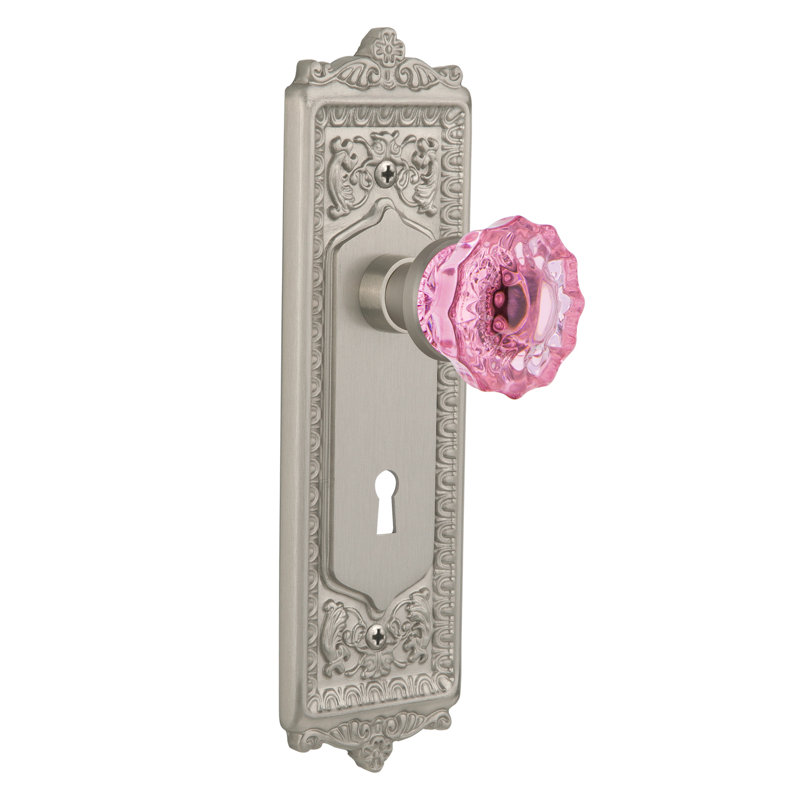 Egg & Dart Plate avec trou de serrure décoratif et bouton de porte rose cristal, Nickel satiné