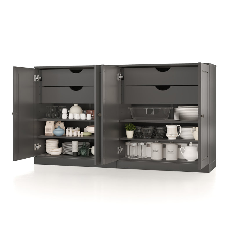 Buffet 100% bois massif 64 po avec portes solides, 4 tiroirs et tablettes réglables, Gris