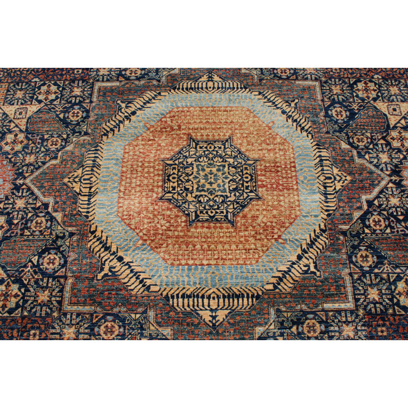 Tapis tribal turc bleu marine et beige 9 x 12
