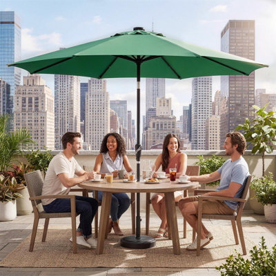 Parasol de table solaire 10 pi avec lumières, parasol de table d'extérieur | 32 DEL, 8 nervures en fer robustes, manivelle et inclinaison à bouton-poussoir, sans base, pour piscine de jardin
"