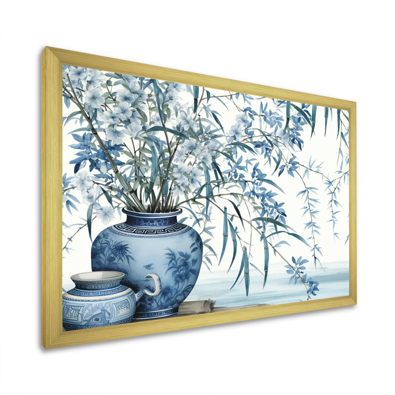 Chinese Serenity In Blue Bamboo - Bamboo Wall Art Living Room_106650, Encadrement doré, 34" H x 44" W x 1.5" D