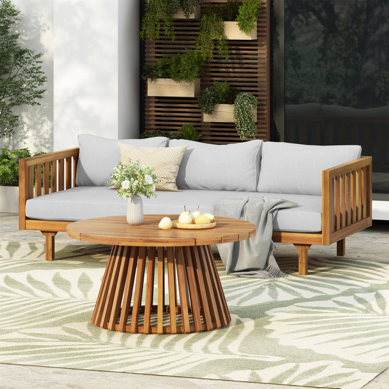 Acacia Wood Patio Furniture Set,Outdoor 3 Seater Daybed(With Water Resistant Thick Cushions)And Round Coffee Table, Light Gray Cushion