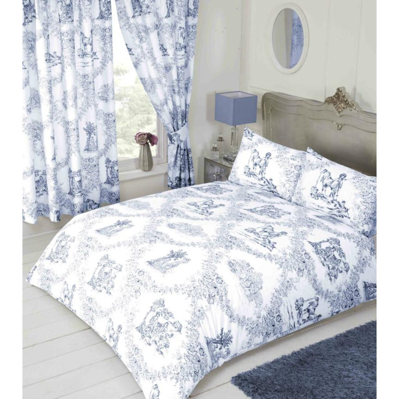 Giovanni Toile De Jouy 132 TC Duvet Cover Set, Blue, Double Duvet Cover + 2 Standard Pillowcases