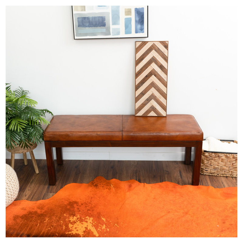 Banc en cuir véritable Austin Mid-Century moderne avec cadre en bois massif brun clair Austin